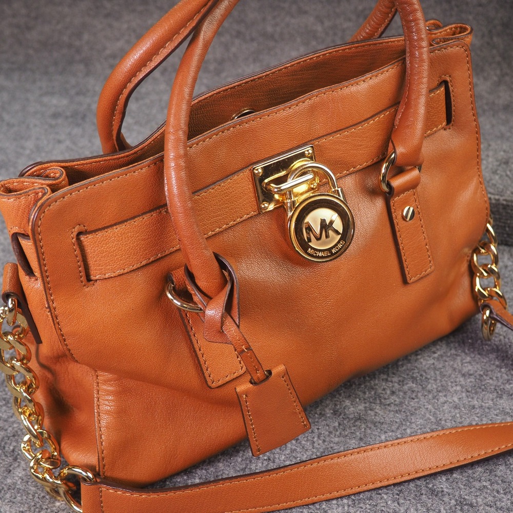 Michael Kors Hamilton Satchel Brown Leather Padlock Designer Handbag Luxury